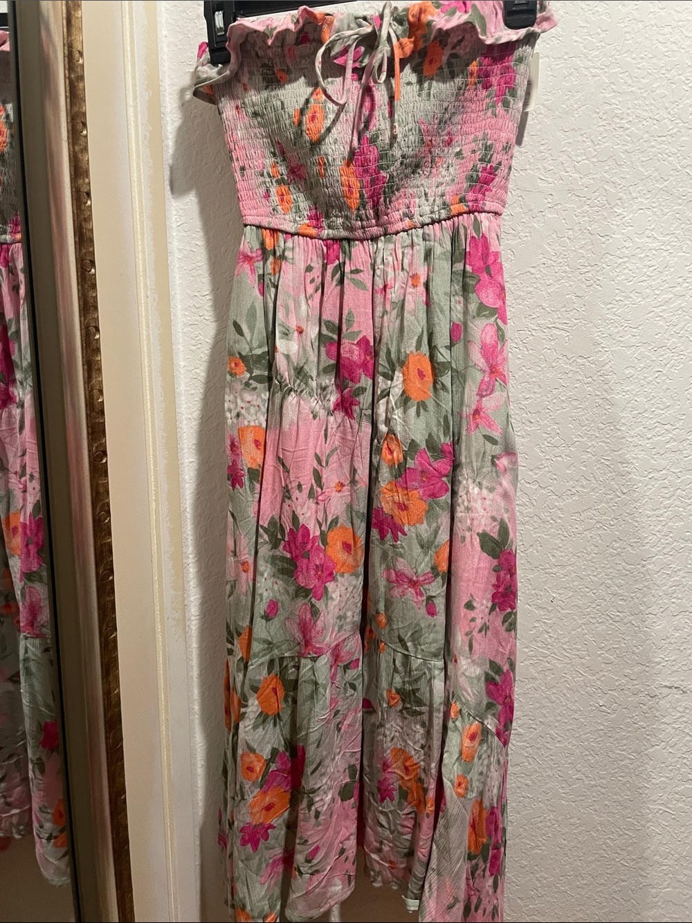 Hollister Pink Floral Smocked Maxi Dress with Orange Accents